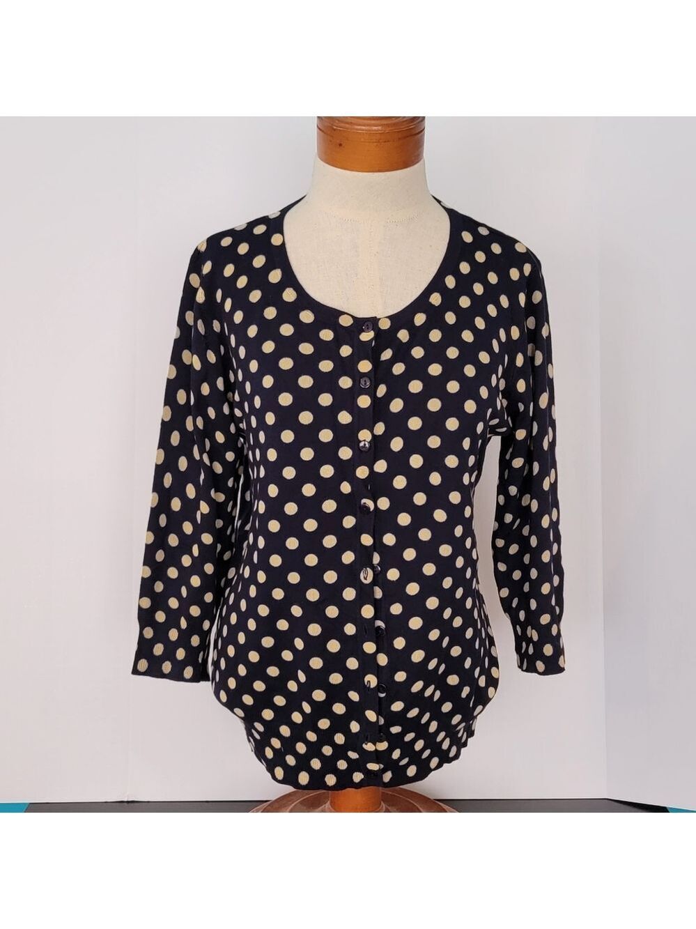 89th & Madison Women's Navy Blue Cardigan Sweater Gold Polka Dots Sz Large